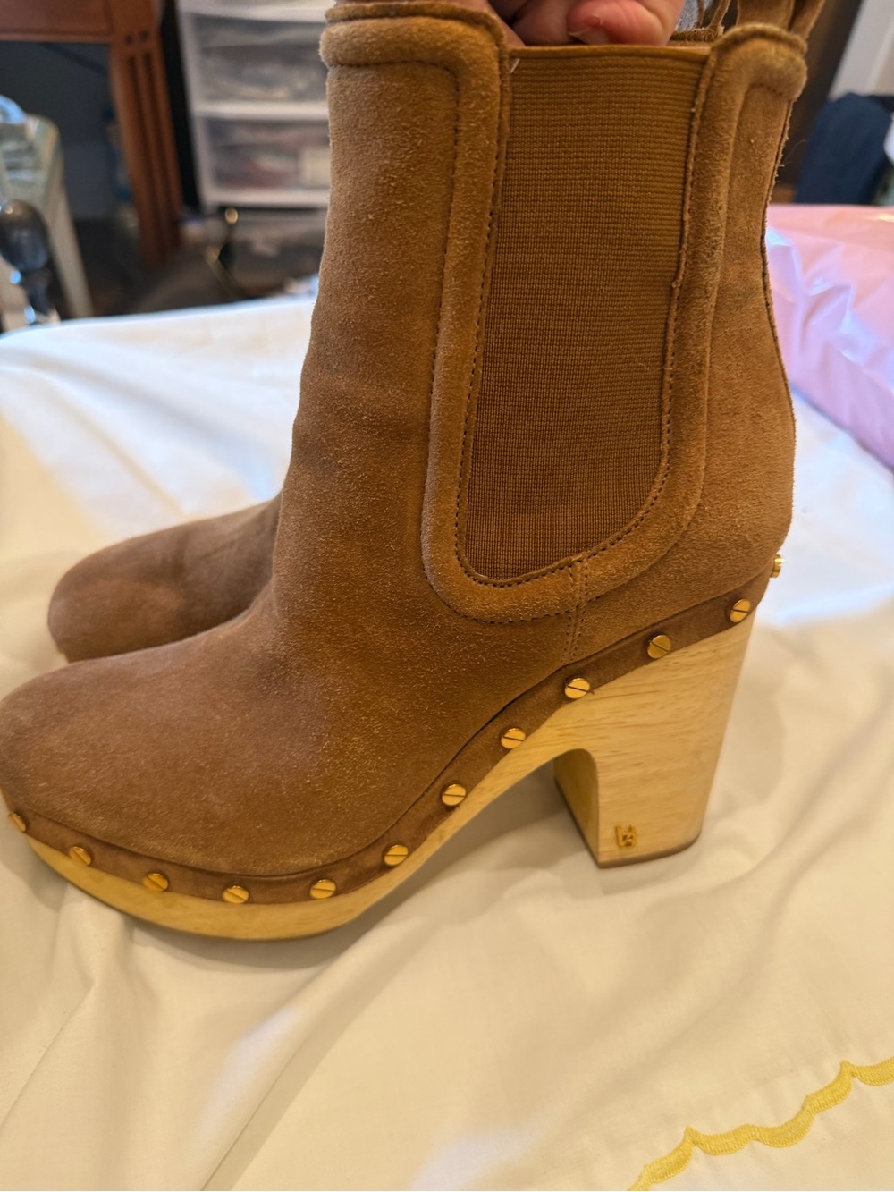 Veronica Beard Tan Suede Studded Clog Heel Chelsea Boots